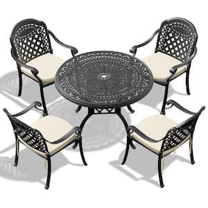 Isabella Black 5-Piece Cast Aluminum Outdoor Dining Set with 39.37 in. Round Table and Random Color Seat Cushions