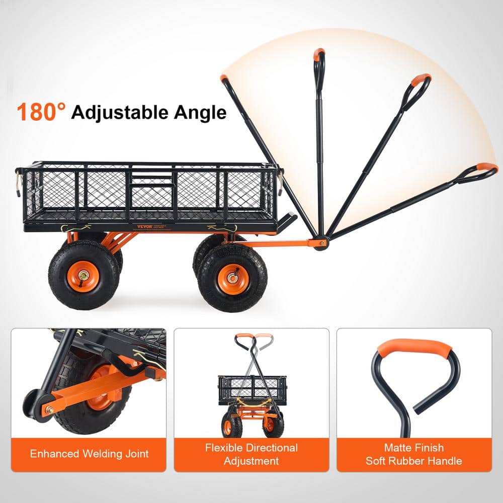 Heavy Duty Black and Orange Steel Garden Dump Cart with Adjustable Handle