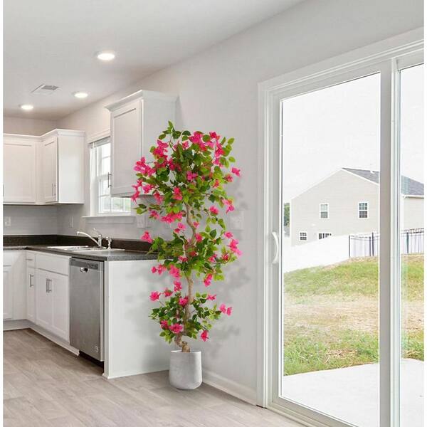 6 ft. Artificial Bougainvillea Tree, Pink Silk Faux Plant in White