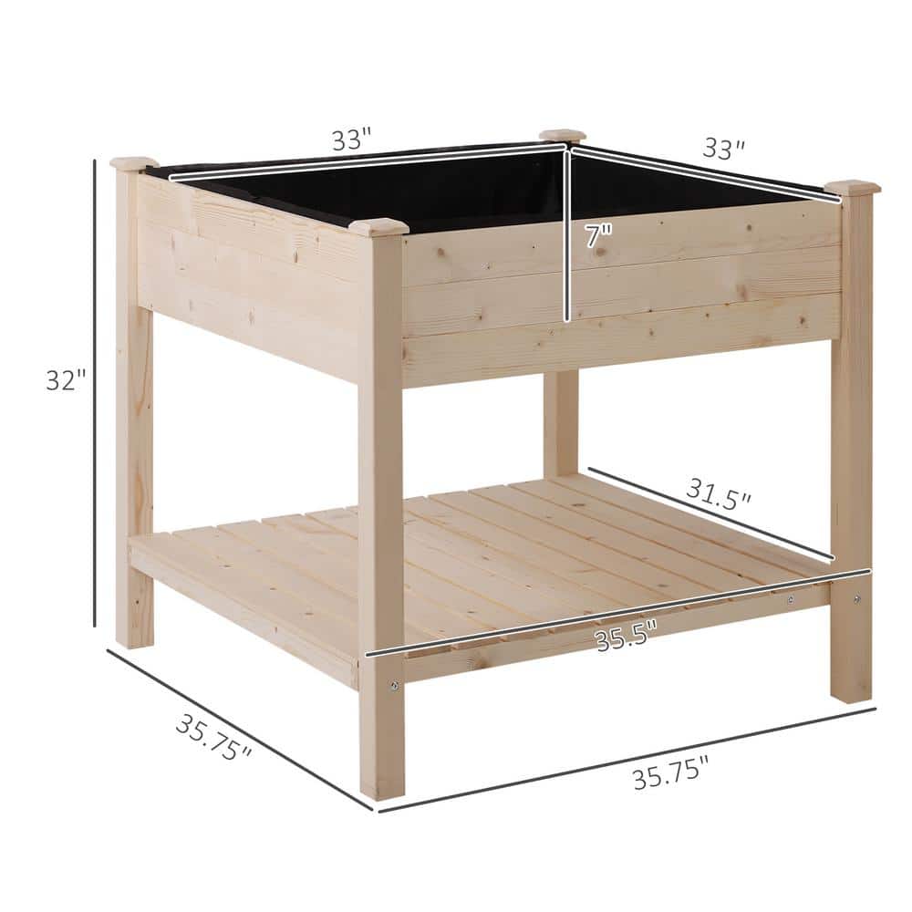 Natural Fir Wood 2-Tier Elevated Garden Bed with Storage Shelf