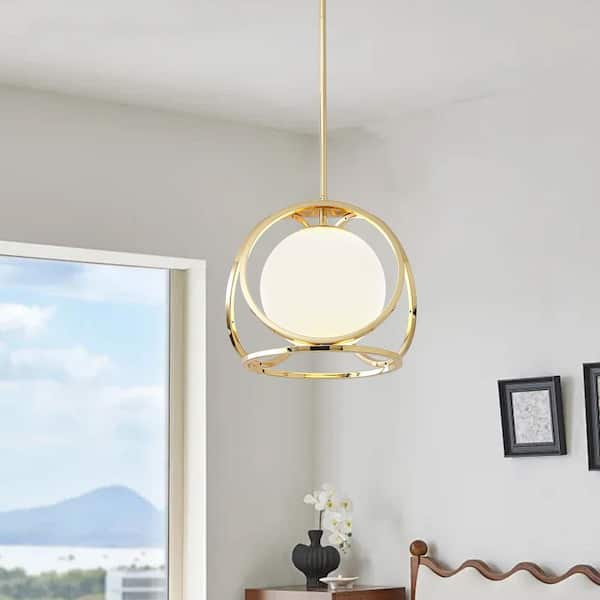 60-Watt 1 Light Gold Orb Pendant ceiling Light with White Glass Shade