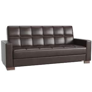 Basics Collection Convertible 87 in. Brown Faux Leather 3-Seater Twin Sleeper Sofa Bed with Storage