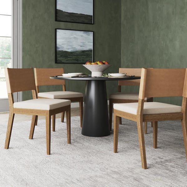 Linus 19 in. Modern Upholstered Dining Chair with Faux Leather Back and Solid Wood Brushed Legs, Light Brown, Set of 4