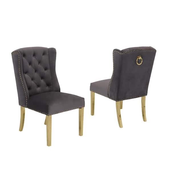 Best Quality Furniture Ali Dark Gray Velvet Gold Stainless Steel Dining Chairs (Set of 2)