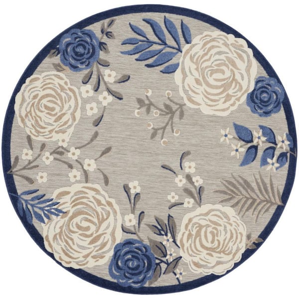 Blue, Gray 8 ft. Round Loomed Floral Polypropylene Round Indoor/Outdoor Area Rug