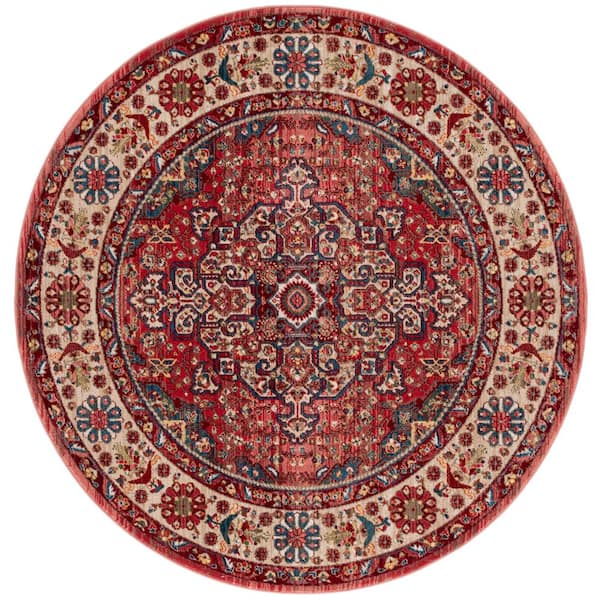 Kashan 7 ft. x 7 ft. Round Red/Ivory Antique Border Area Rug