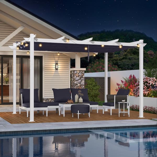 PURPLE LEAF 10 ft. x 13 ft. White Aluminum Frame Pergola with Navy Blue Retractable Sun Shade Canopy Extra Roof and String Lights