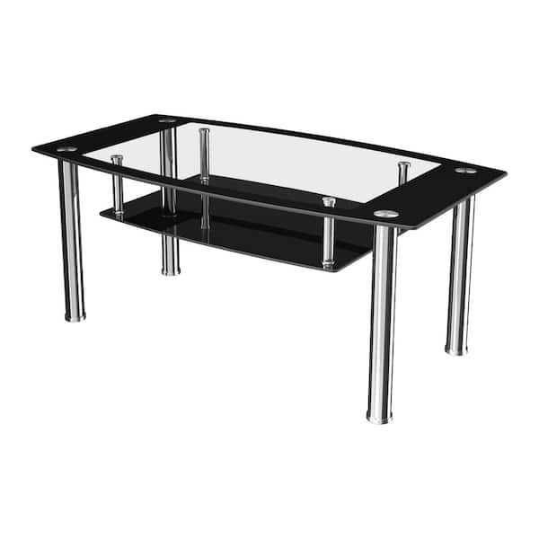 44 in. Black/Clear Large Rectangle Glass Coffee Table with Chrome Plated Legs