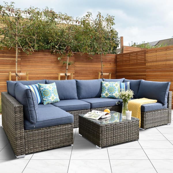 Toject Maire Gray 7-Piece Wicker Outdoor Patio Conversation Sofa Seating Set with Denim Blue Cushions