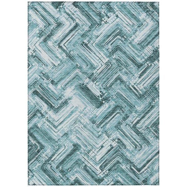 Teal Blue, Aqua, Ivory 9 ft. x 12 ft. Woven Geometric Polyester Rectangle Indoor/Outdoor Area Rug