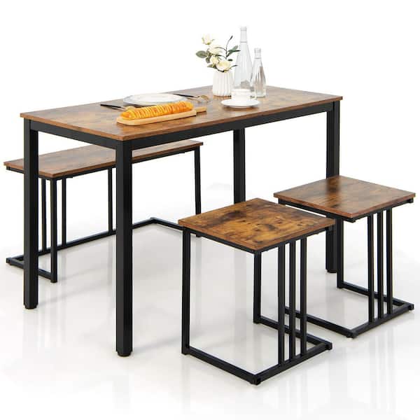 Gymax 4-Piece Dining Table Set Industrial Kitchen Table Set with Bench and 2 Stools for 4