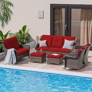 Brown 6-Piece Wicker Outdoor Patio Conversation Set with Red Cushions and Rocking Chairs