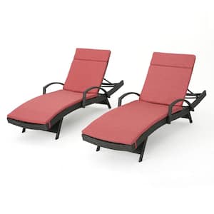 Miller Grey 2-Piece Faux Rattan Outdoor Chaise Lounge Set with Red Cushions and Armrest