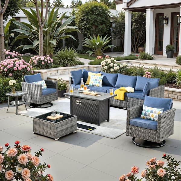 Sanibel Gray 9-Piece Wicker Outdoor Patio Conversation Sofa Sectional Set with a Metal Fire Pit and Denim Blue Cushions