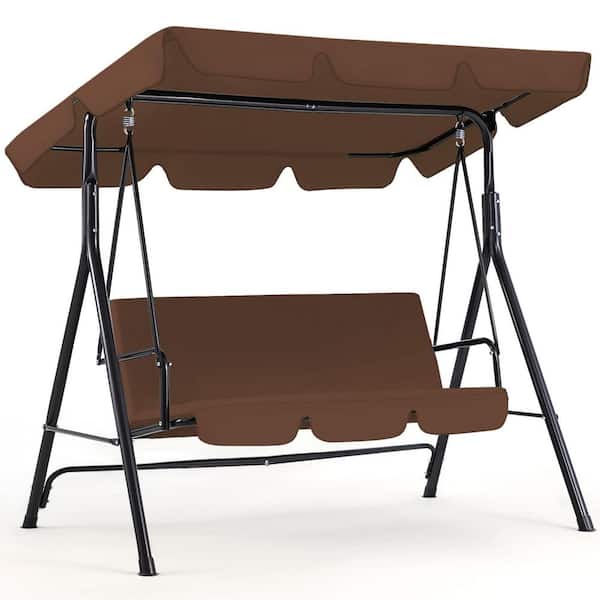 AECOJOY 3-Person Metal Outdoor Patio Porch Swing Chair in Brown with Adjustable Canopy