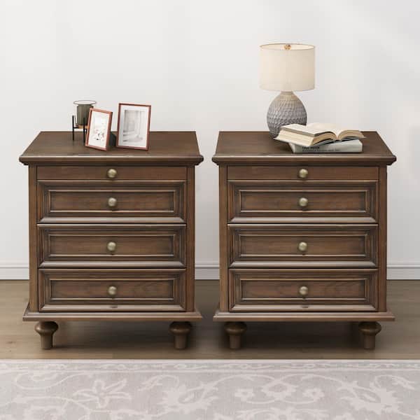 Xorlen Farmhouse Walnut Brown 4 Drawers Wood Nightstands, Storage Side End Table, Set of 2