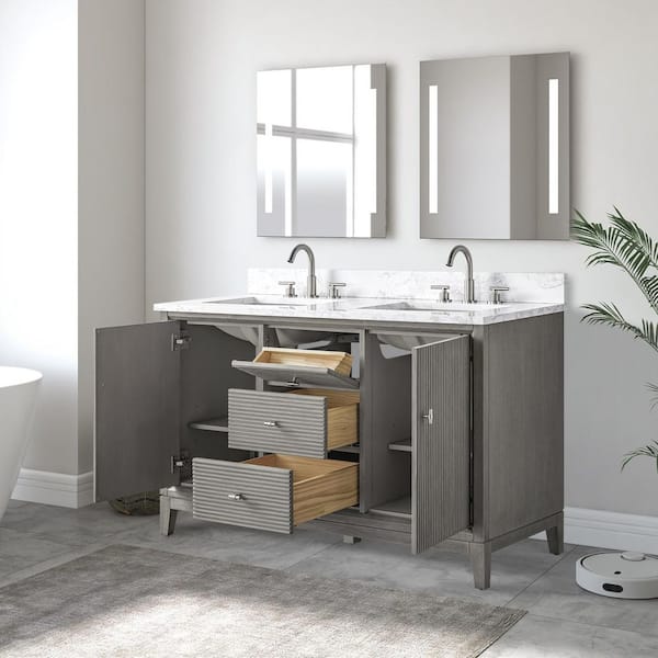 60 in. W Single Sink Freestanding Driftwood Gray Bath Vanity Cabinet with Arabescato White Engineered Marble Top