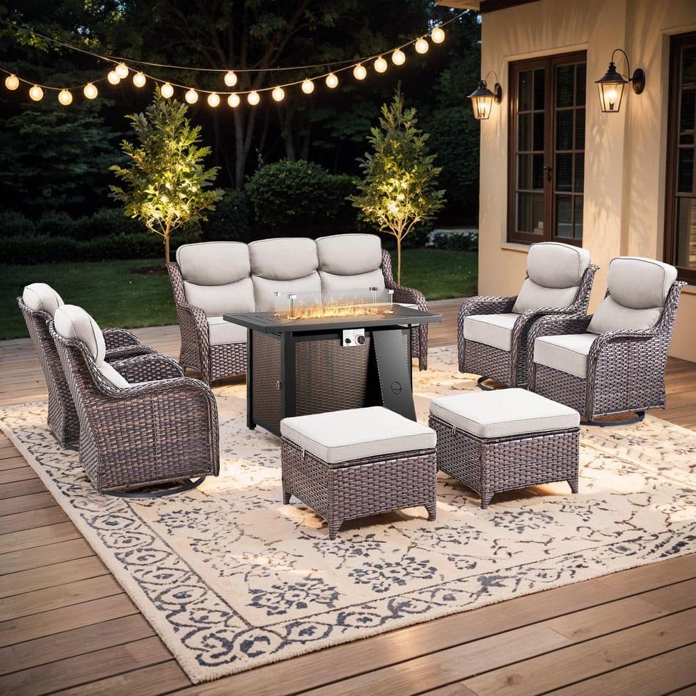 Holion 8-Piece Outdoor Conversation Set with Fire Pit Table, Wicker Swivel Rocker Chairs Patio Couch with Beige Cushions price history on PriceWatchPro