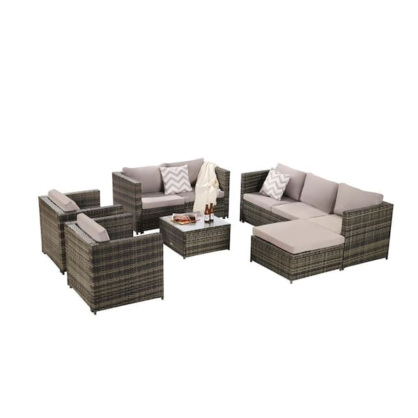 ITOPFOX 6-Piece Brown Wood Outdoor Couch with UV Resistant Frame and Water Resistant Creamy Gray Cushions
