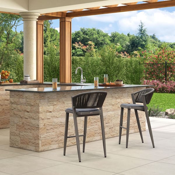 Modern Aluminum Low Back Rattan Bar Height Outdoor Bar Stool with Backrest and Gray Cushion (2-Pack)