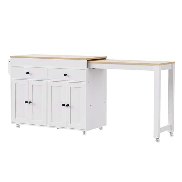 White 74.5 in. Kitchen Island with Extendable Dining Table, Spice Rack, 4 Door and 2 Drawers