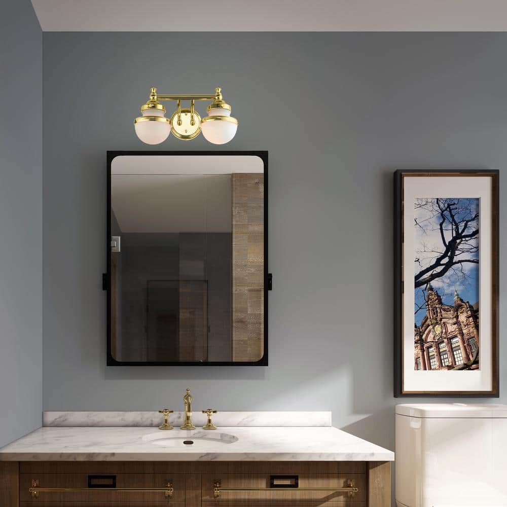 Oldwick Polished Brass 2-Light Vanity Sconce with Satin Opal White Glass