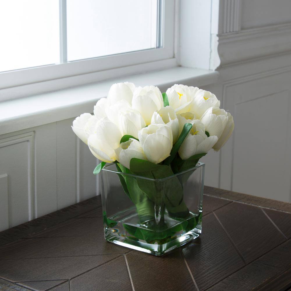 Eternal Spring Cream Tulip 10" Tabletop Floral Arrangement in Glass Vase