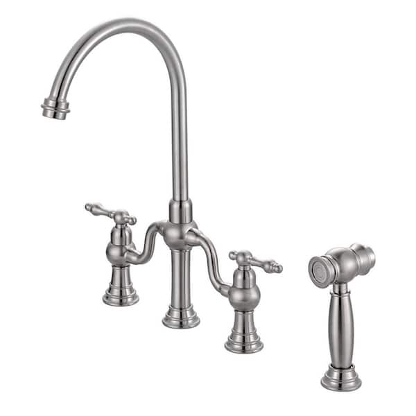 8 in. Centerset 4 Hole Double Handle Brass Bridge Kitchen Faucet with Side Sprayer in Brushed Nickel