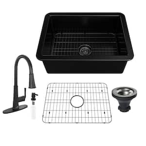 All-in-one Matte Black Fireclay 27 in. Single Bowl Undermount Kitchen Sink with Infrared Sensor Faucet and Accessories