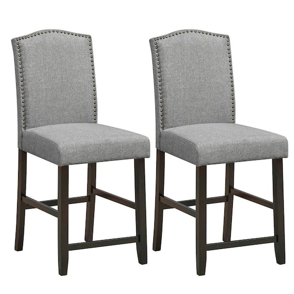 Gymax 40.5 in. H Fabric Barstools High Back Wood Nail Head Trim Counter Height Dining Side Chairs Grey (Set of 2)