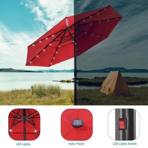 10 ft aluminum market auto tilt patio umbrella in chili Sonkuki 10 ft. Aluminum Pole LED Outdoor Market Tilt Patio Umbrella 3-Tier Vented Umbrella, Chili Red