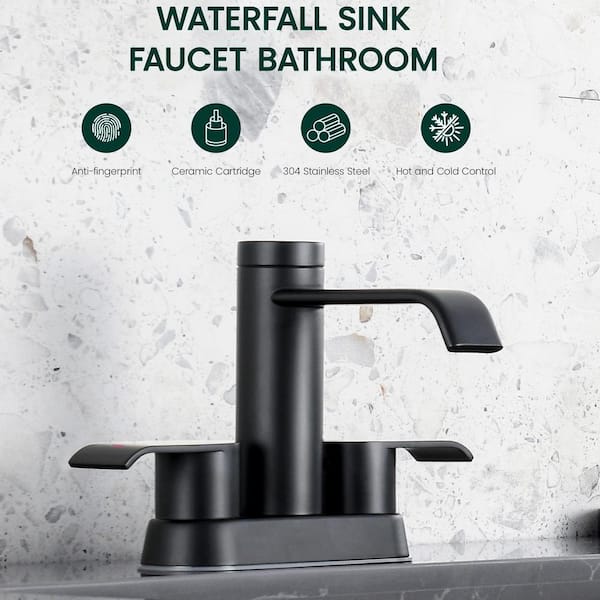 4 in. Centerset Double Handles Waterfall Spout Bathroom Faucet Sink Faucet with Pop-Up Drain in Matte Black