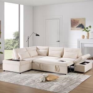 Beige 107 in. L-Shaped Modular Chenille Queen Size Sectional Sofa Bed with Pul-out Sofa Movable Storage Ottoman