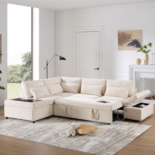 Beige 107 in. L-Shaped Modular Chenille Queen Size Sectional Sofa Bed with Pul-out Sofa Movable Storage Ottoman