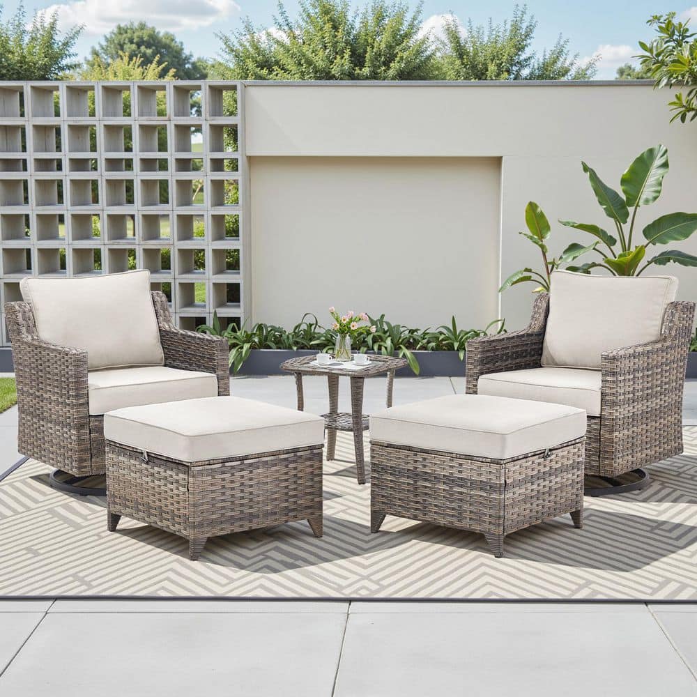 GlideRail Gray Swivel Glider Wicker Patio Conversation Set with Beige Olefin 4 In. Thick Cushions/End Tables (5-Piece) price history on PriceWatchPro