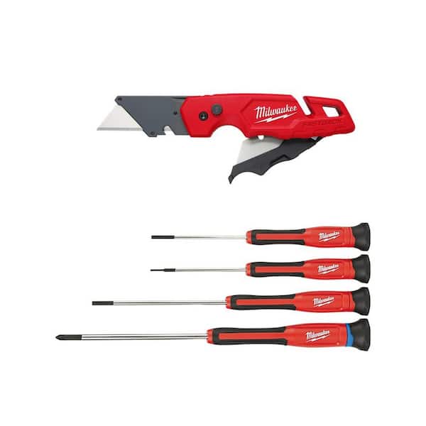 Milwaukee FASTBACK 1 in. Folding Knife with Blade Storage and 4-Piece Precision Screwdriver Set (5-Piece)