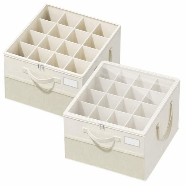 2 Pack Beige Shoe Storage Organizer Foldable Adjustable Divider Box, Clear Cover Closet Luggage Organizer Holds 24 Pairs