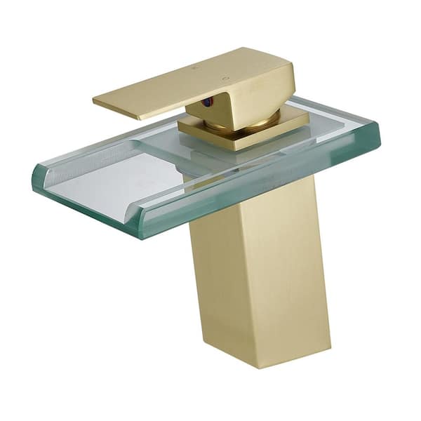 AIMADI Single Handle Single Hole Waterfall Bathroom Faucet with LED Light Modern Brass Bathroom Vanity Faucets in Brushed Gold