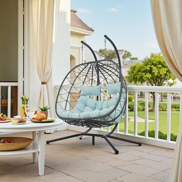 2-Person Wicker Patio Swing, Egg-Shaped Lounge Chair with Light Blue Cushion