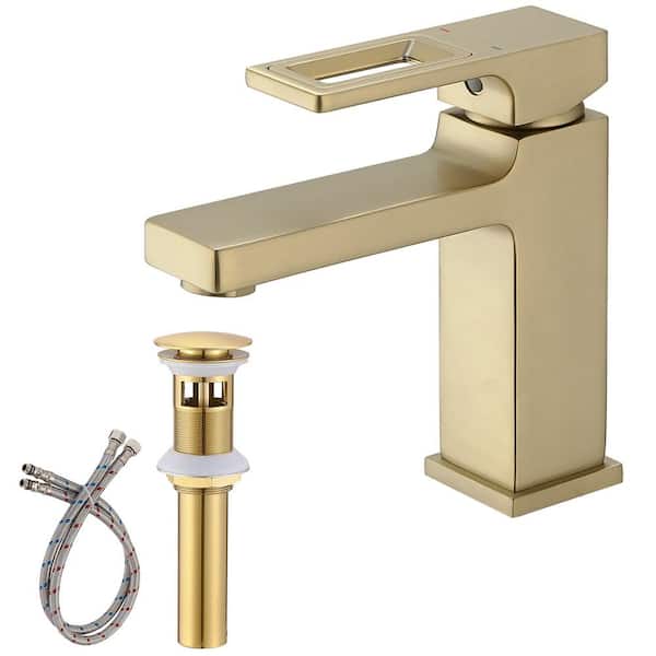 FLG Single Handle Single Hole Bathroom Faucet with Pop-up Drain Kit Modern Brass Sink Basin Vanity Taps in Brushed Gold