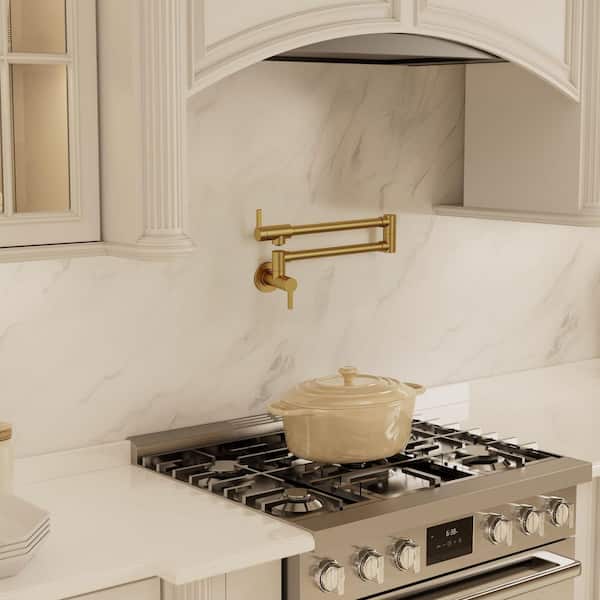 Wall Mounted Pot Filler with Two Handles in Brushed Gold (Valve Included)