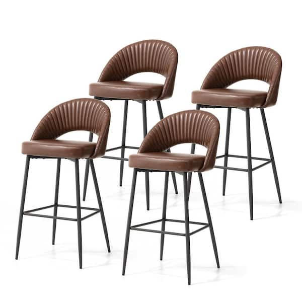 Glitzhome 30.25 in. H Seat Modern Brown Metal Quilted Leatherette Bar Stool with Metal Tapered Legs (Set of 4)