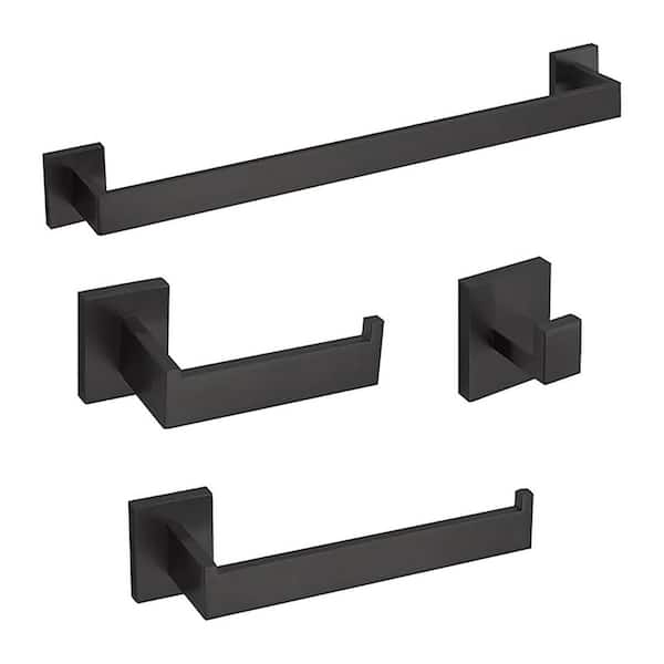 BYH build your home 4-Piece Bath Hardware Set with Towel Bar Hand Towel Holder Toilet Paper Holder Towel Hook Modern Square in Matte Black