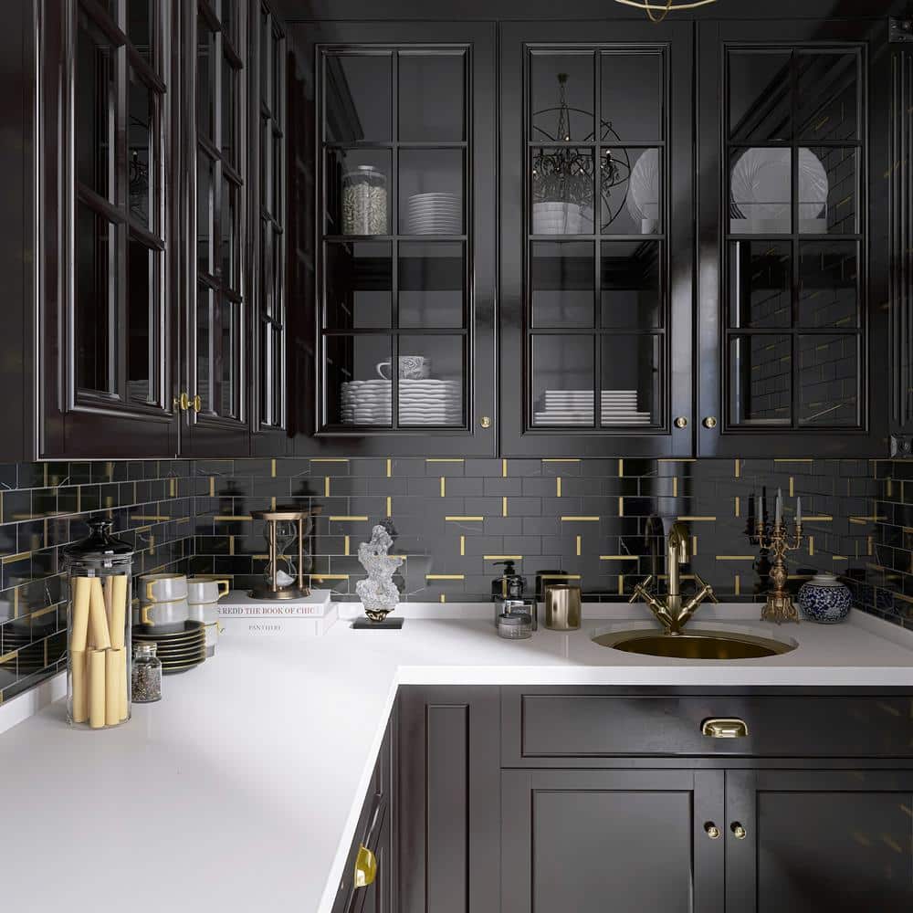 Bianco 12x12 Black and Gold Marble Brick Joint Mosaic Tile