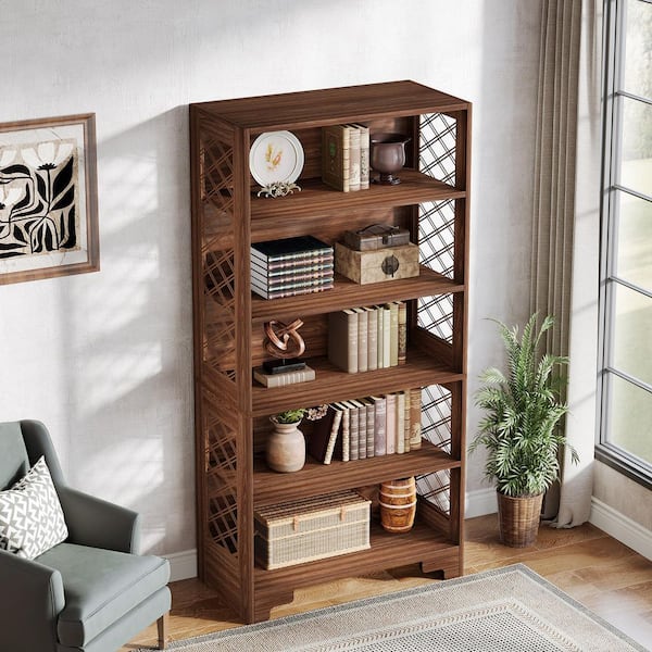 BYBLIGHT Eulas 70 in. Tall Brown Wood 5-Shelf Standard