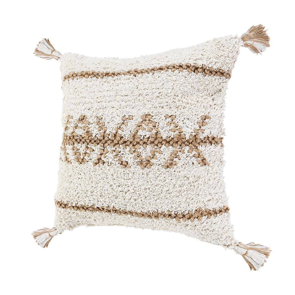 Boho-Chic Square Jute and Cotton Throw Pillow with Tassels