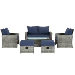 Gray 6-Piece Wicker Outdoor Patio Conversation Sectional Sofa Seating Set with Navy Blue Cushions and Ottomans