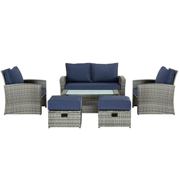 Zeus & Ruta Gray 6-Piece Wicker Outdoor Patio Conversation Sectional Sofa Seating Set with Navy Blue Cushions and Ottomans