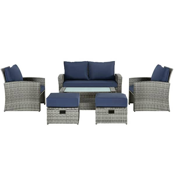 Zeus & Ruta Gray 6-Piece Wicker Outdoor Patio Conversation Sectional Sofa Seating Set with Navy Blue Cushions and Ottomans