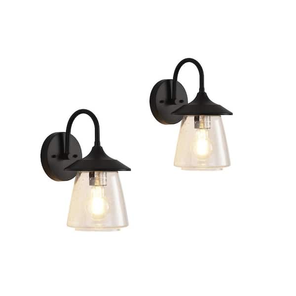 2-Pack Outdoor Wall Sconce, Exterior Waterproof Wall Light Fixture with Bubble Glass Shade, Matte Black Wall Lantern